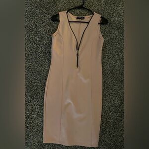 French Atmosphere Nude Sleeveless Midi Dress with Black Zipper
